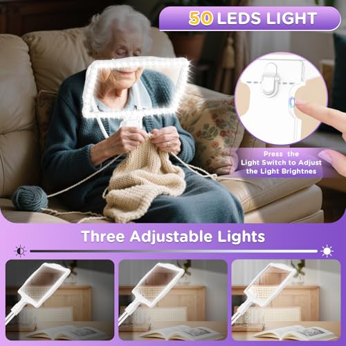 Large 10X Rechargeable Magnifying Glass for Reading with Light Hands Free Magnifying Glass Neck Wear Magnifier with 50 Led Lights Full Book Page Magnifier for Seniors Low Vision Elderly,White - color: White