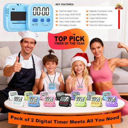 Antonki 2 Pack Digital Timer for Kids Classroom Kitchen Timers for Cooking - color: Clear Blue