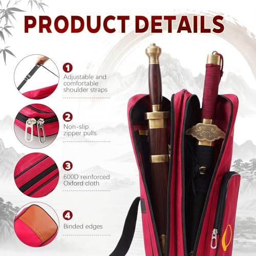 Tai Chi Sword Bag Double Layer with Adjustable Shoulder Strap - color: Red