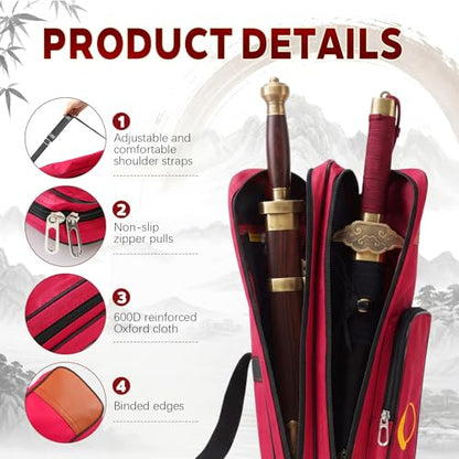 Tai Chi Sword Bag Double Layer with Adjustable Shoulder Strap - color: Red