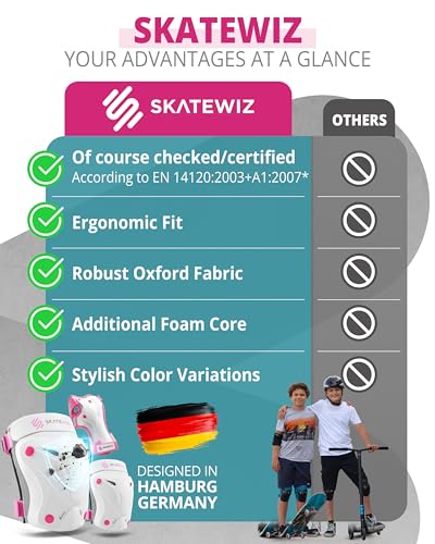 SKATEWIZ Kids and Adult Knee Pads and Elbow Pads Set 6pcs - incl. Carry Bag - color: Pink-White, size: L - Teens and Adults