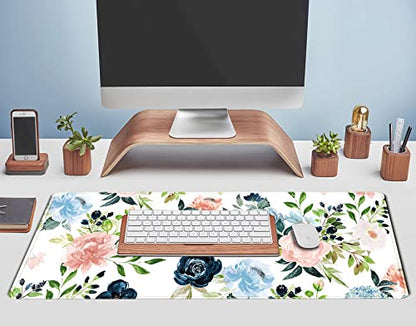 Gaming Green Desk Mat Desk Mouse Pads Purple Blue Pink Floral Mouse Pad Large, XL Big Computer Keyboard Mouse Mat Desk Pad Mat with Stitched Edge for Women Home Office Decor Deskmat 31.5x11.8 in