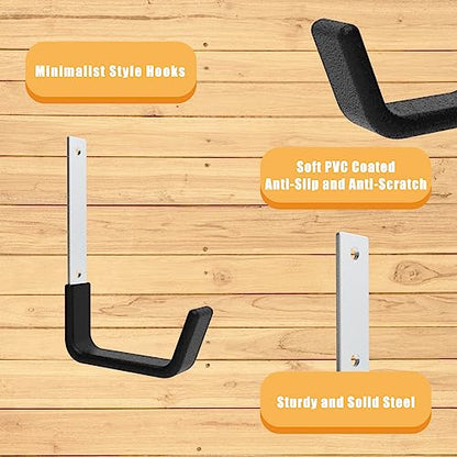 Heavy Duty Wall Mount Hooks, Ladder Hangers for Garage Storage, 6 M | Bike Hanger and Hose Holder in Zinc-Coated Steel; 50 lb Capacity, Black PVC Grip, for Shed, Attic or Outdoor Storage - size: 6 Medium
