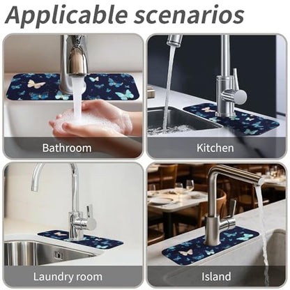 Kitchen Sink Splash Guard，Luminous Butterfly-1 Faucet Mat Sink Gadgets-Super Absorbent Fast Drying Mat Drip Catcher for Kitchen, Bathroom,Sink Mat, Dish Drying Mat, Bathroom(15" X 5.5" ) - color: Luminous Butterfly-1