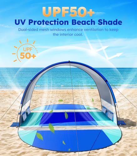 Beach Tent with Double Zippered Doors, Beach Tent Sun Shelter with UPF50+ UV Protection, Beach Canopy Portable Storage Bag for Beach Camping Fishing, for 3-4 People - size: 3-4 Person