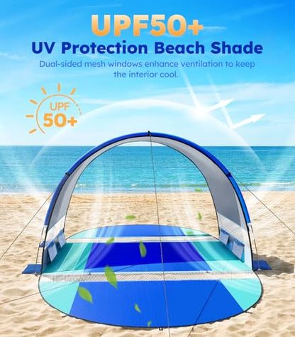 Beach Tent with Double Zippered Doors, Beach Tent Sun Shelter with UPF50+ UV Protection, Beach Canopy Portable Storage Bag for Beach Camping Fishing, for 3-4 People - size: 3-4 Person