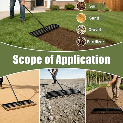 Lawn Leveling Rake, 48" Stainless Steel Head, Ergonomic Bent Handle, Level Soil & Sand, 6ft Long Handle for Yard, Garden, Sports Field - size: 48"x10"