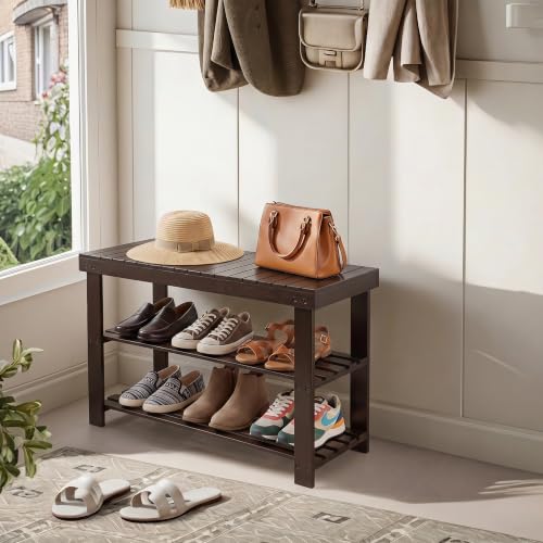Bamboo Shoe Bench, 3-Tier Shoe Organizer Holds Up to 286 lb, Entryway Bench with Shoe Storage Suitable for Closet & Living Room, 11.22 x 27.56 x 17.91, Espresso Brown - color: Espresso Brown