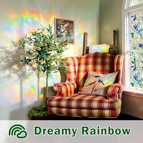 Stained Glass Window Film, Rainbow Privacy, One Way Decorative Tint, Static Cling, Renter Friendly for Home Bathroom Door