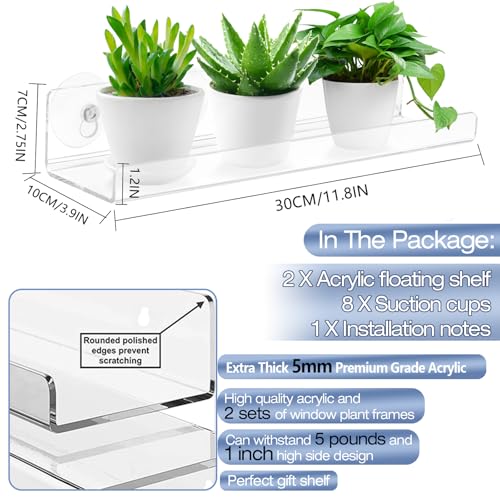 2 Pack 12 Inch Acrylic Window Boxes Plant Shelves, with Suction Cup Window Sill Extender, for Indoor/Outdoor Succulents, Micro Greens, Seed Starter Pots, Herb Planters