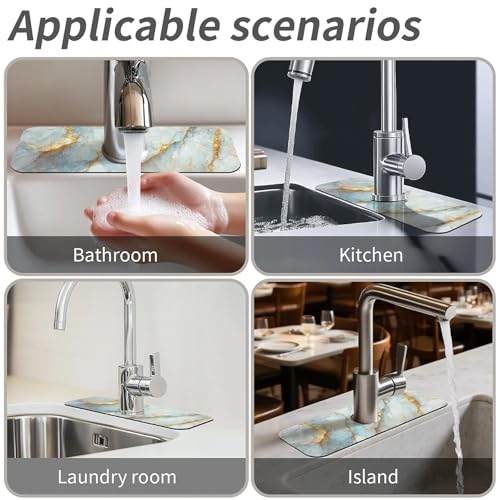 Kitchen Sink Splash Guard，Blue, white and gold marble-1 Faucet Mat Sink Gadgets-Super Absorbent Fast Drying Mat Drip Catcher for Kitchen, Bathroom,Sink Mat, Dish Drying Mat, Bathroom(15" X 5.5" ) - color: Blue, white and gold marble-1