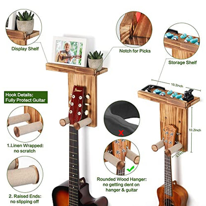 Keebofly 3-Pack Guitar Wall Mount Hangers - Rustic Wood Brown Guitar Stand with Pick Holder - Acoustic, Electric, Ukulele, Bass & Mandolin [Patented] - color: 3 Pack_Rustic Brown