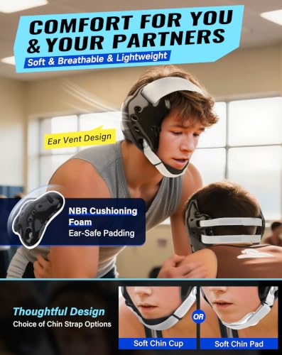 Trymaker Wrestling Headgear, Youth Head Gear with Chin Cup & Pad - color: Black Headgear & White Strap