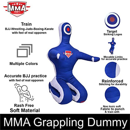 Kids Grappling Standing Dummy - Unfilled – Wrestling, Jiu-Jitsu, MMA Training Dummy with Moveable Arms and Legs – Durable Polyester Fabric - color: Blue-Sit, size: 6 ft-72 Inch