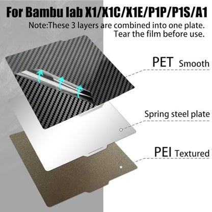 3D Printer PET+PEI Build Plate 257x257mm for Bambu Lab X2D/P2S/X1/X1C/X1E/P1P/P1S/A1 3D Printer, Smooth PET+Textured PEI Spring Steel Build Plate,Double Sided Flexible Sheet Removable Platform - color: Smooth PET+Textured PEI
