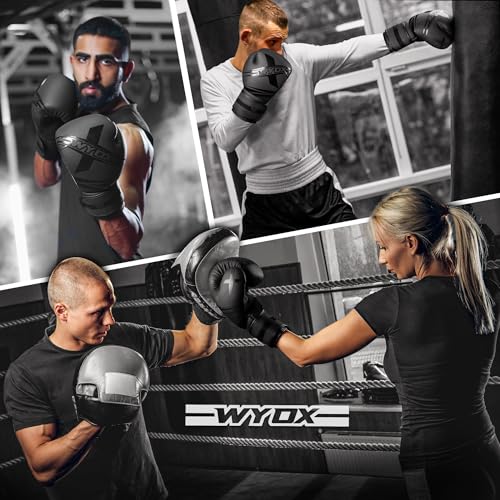WYOX Boxing Bundle – Focus Mitts & Adult Boxing Gloves Set, Curved Punch Pads, MMA Training Gear for Muay Thai, Kickboxing, Sparring, Punching Bag Workout Equipment