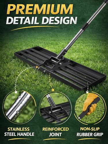 30x10 inch Lawn Leveling Rake, Yumatum 72" Effort Saving Lawn Leveler Tool, Stainless Steel Handle Lawn Leveler for Golf Course Yard Pasture Garden, Professional Lawn Care Landscape Rake