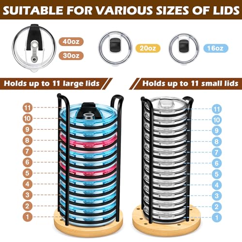 2PC Tumbler Lid Organizer, Detachable Yeti Lid Organizer Holds Up To 22 Lids, Suitable for Simple Modern Tumbler/Yeti Tumbler/Mason Jar Lids，Fit Perfectly, Stackable Steady，Bamboo Base