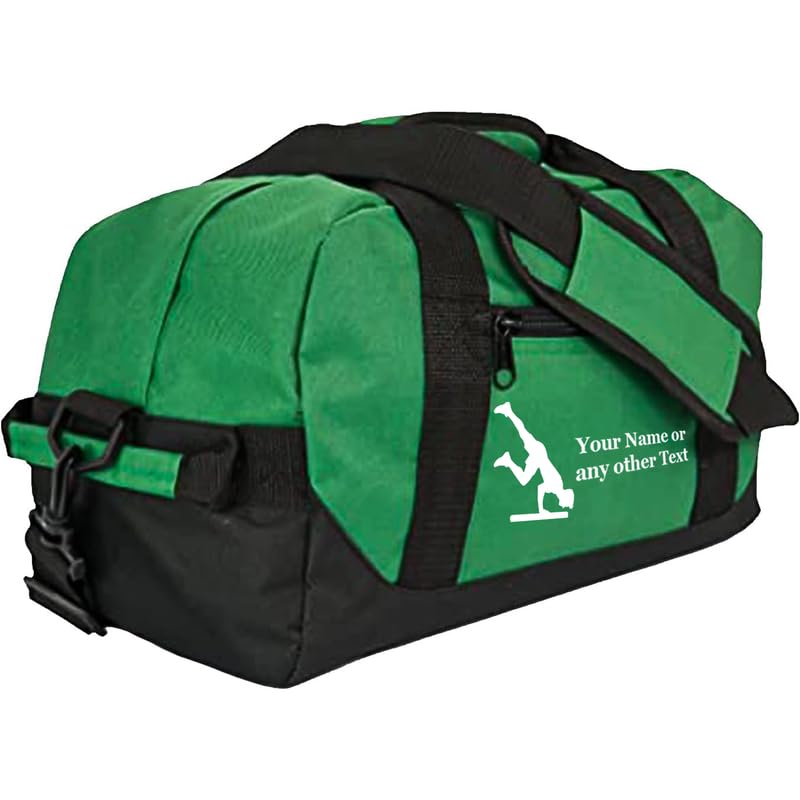 Personalized Passion 14” Small Sports Duffel Bags for Kids - Waterproof Travel Duffle with Name & Gymnastics Design - Dark Green Two-Toned Kids Weekender Bag for Boys and Girls - color: Dark Green, style: Gymnastics