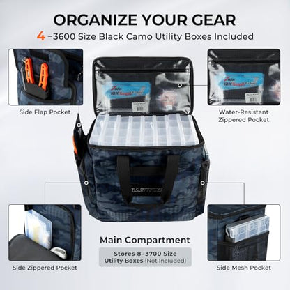 KastKing BaitSpace Fishing Tackle Bag With 4 Tackle Boxes & Removable Bait Binder, Water-Resistant Tackle Storage, Durable Fishing Gear, Adjustable Shoulder Strap - color: F: Blue Camo, size: Large - 4*3600 Trays