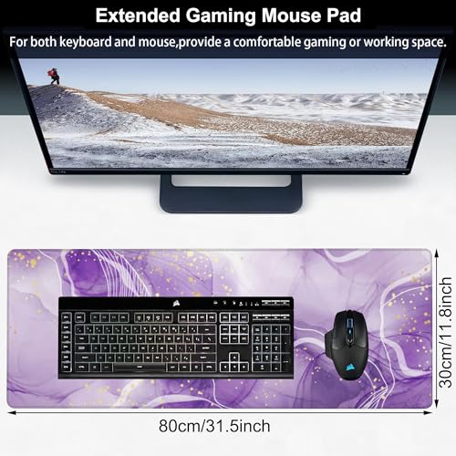 Watercolor Purple Marble Desk Mat,Large Violet Marble Texture Gaming Keyboard Mouse Pad,Non-Slip Rubber Base Desk Pad Thick Stitched Edges Waterproof Mousepad Mouse Mat 31.5"x11.8" - color: Watercolor Purple Marble