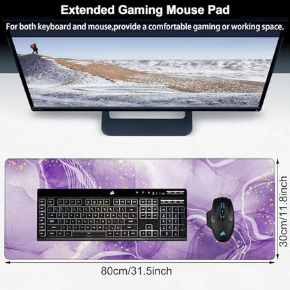 Watercolor Purple Marble Desk Mat,Large Violet Marble Texture Gaming Keyboard Mouse Pad,Non-Slip Rubber Base Desk Pad Thick Stitched Edges Waterproof Mousepad Mouse Mat 31.5"x11.8" - color: Watercolor Purple Marble