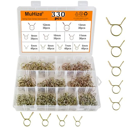 330PCS Spring Hose Clamps - Stainless Steel 5-13mm (1/4"-1/2") Secure Seal Clamps Kit for Automotive Fuel Lines, Water Pipes & Appliances, 9 Sizes Compact & Strong