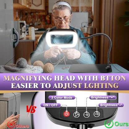10X 30X Large Magnifying Glass with Light and Stand, 5-inch Lighted Magnifier, 72 LED 3 Color Modes Stepless Dimmable, Hands-Free Magnifying Glass Desk Lamp for Reading Craft Hobby Close Work