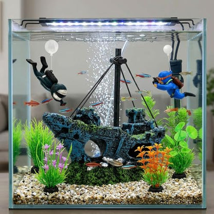 Fish Tank Decor, 7 Pcs Aquarium Decorations Set with Shipwreck Decoration, Little Diver and Fish Tank Plants, Betta Fish Tank Accessories for Visual Enhancement