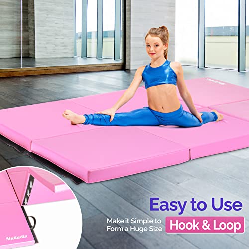 Matladin 6' Folding Tri-fold Gymnastics Gym Exercise Aerobics Mat, 6ft x 2ft x 2in PU Leather Tumbling Mats with Hook & Loop Fastener for Stretching Yoga Cheerleading Martial Arts - color: Pink