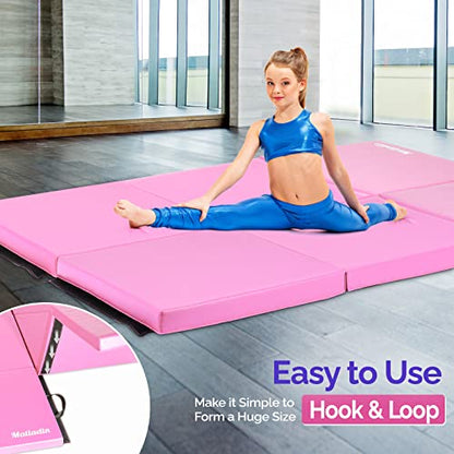 Matladin 6' Folding Tri-fold Gymnastics Gym Exercise Aerobics Mat, 6ft x 2ft x 2in PU Leather Tumbling Mats with Hook & Loop Fastener for Stretching Yoga Cheerleading Martial Arts - color: Pink