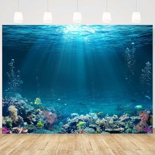 7x5ft Underwater World Backdrop Fabric Under The Sea Photography Backdrops Tropical Fish Coral Deep Ocean Sunlight Seabed Background Undersea Baby Shower Birthday Party Decoration Photo Props