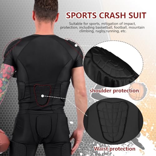 TUOY New Football Rib Chest Protector Shirt Padded Compression Shirts 6 Pads Adult Sizes Dark Black - color: Black, size: Large