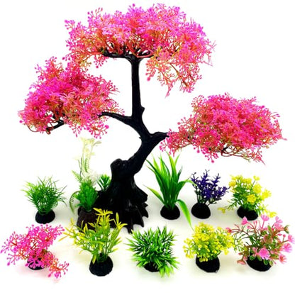 Artificial Aquarium Plants, Fish Tank Decorations, 10 Pcs Cherry Blossom Aquarium Fish Tank Simulation Aquatic Grass Plastic Grass Pine Tree Combination(Pink)