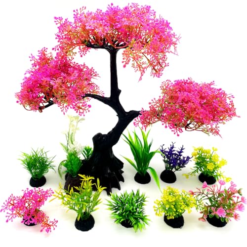 Artificial Aquarium Plants, Fish Tank Decorations, 10 Pcs Cherry Blossom Aquarium Fish Tank Simulation Aquatic Grass Plastic Grass Pine Tree Combination(Pink)