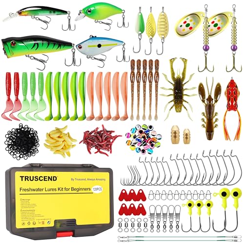 TRUSCEND Complete Fishing Accessories - Tackle Box with Tackle Included, Fishing Hooks, Jig Heads, Sinkers, Weights, Swivels, Snaps, Bobbers, Leaders - Fishing Gear Set for Bass Trout Panfish Walleye