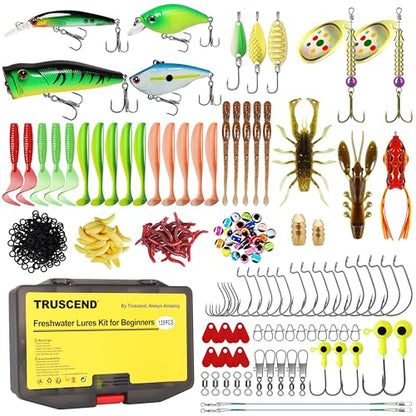 TRUSCEND Complete Fishing Accessories - Tackle Box with Tackle Included, Fishing Hooks, Jig Heads, Sinkers, Weights, Swivels, Snaps, Bobbers, Leaders - Fishing Gear Set for Bass Trout Panfish Walleye