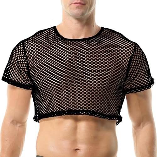 Men's Fishnet Shirts Mesh Crop Top See Through Round Neck Short Sleeve Sexy Muscle Tee for Men Daily - color: Black, size: Medium