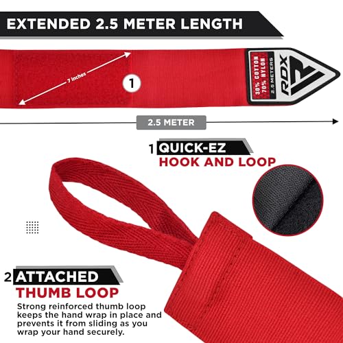 RDX Boxing Wraps Kids 2.5M Inner Gloves, Elasticated Thumb Loop Bandages, Junior Under Mitts Hand Fist Protector Wrist Support Straps, Muay Thai MMA Kickboxing Martial Arts Speed Bag Punching Training - color: RED