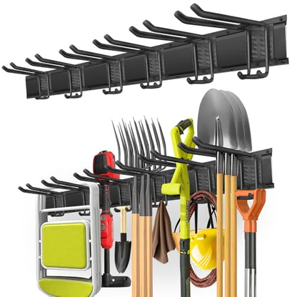 PIYILO 48 in Garage Tool Organizer Wall Mount, Adjustable Tool Storage Rack | Heavy-duty 360 LBS, Double-Layer Hooks, Wear & Tear Resistant, Soft Anti-Scratch Hook Sleeves, For Yard Tools, Shovels, Shed - size: 48 inch Double-Layer 6-Hook