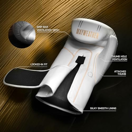 Hayabusa Mayweather Contender Boxing Gloves for Men and Women - color: White/Gold, size: 16oz