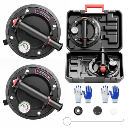 SPECILITE 8" Heavy Duty Glass Suction Cups 2 Pack with Pressure Gauge for Lifting Large Tile, Marble, Windows, 880 lbs Load Capacity, Industrial Vacuum Lifter with Handle, Carrying Case, Gloves, Black