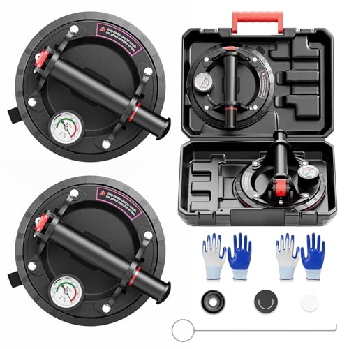 SPECILITE 8" Heavy Duty Glass Suction Cups 2 Pack with Pressure Gauge for Lifting Large Tile, Marble, Windows, 880 lbs Load Capacity, Industrial Vacuum Lifter with Handle, Carrying Case, Gloves, Black
