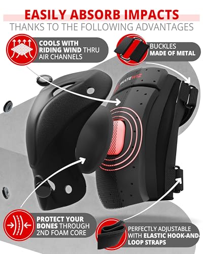 SKATEWIZ Kids and Adult Knee Pads and Elbow Pads Set 6pcs - incl. Carry Bag - color: Black, size: M - Teenager Slim