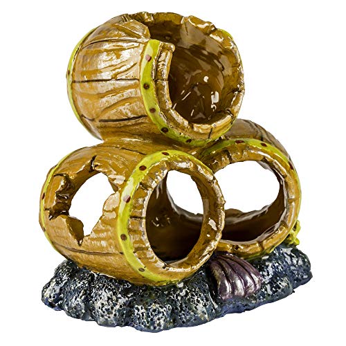 GloFish Barrels Ornament, Large, Detailed Aquarium Ornament, Hideaway For Fish