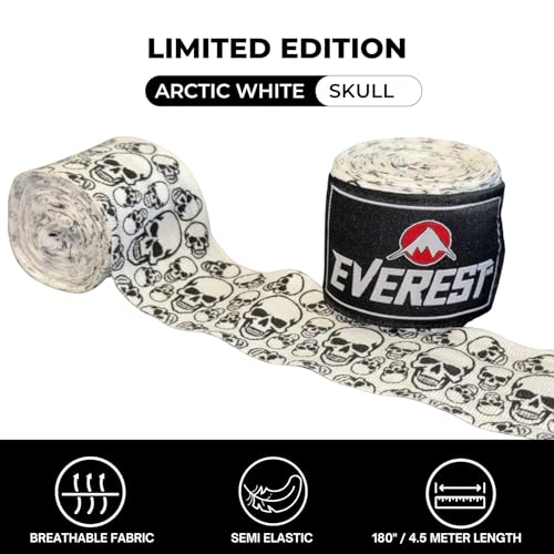 Mexican Style Hand Wraps 180" Semi-Elastic Boxing Wraps with Thumb Loop, Inner Gloves Bandages for Muay Thai, Kickboxing, Grappling - color: Arctic White Skull