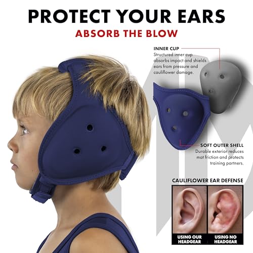 Matman Dynasty Wrestling Headgear & Protective Ear Guards for BJJ & MMA - color: Navy, size: Youth