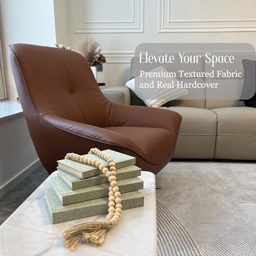 Linen Covered Decorative Books 4 Pieces, Neutral Home Decor Coffee Table Books with Wooden Beaded Tassel, Stacked Books for Rustic Farmhouse Modern, Boho, Bookshelf, Fireplace Mantel Decor, Sage