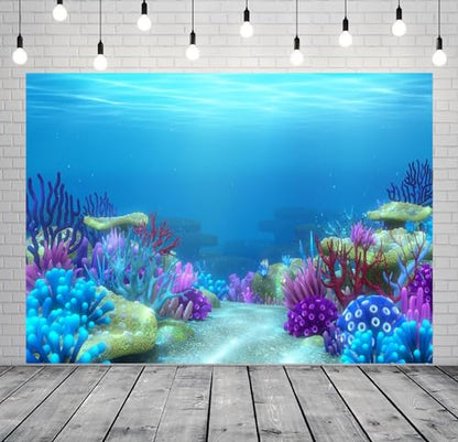 BELECO 10x6.5ft Fabric Under The Sea Backdrop Blue Ocean Underwater World Coral Reef Aquarium Background Undersea Party Decors Birthday Shoot Portrait Photoshoot Studio Booth Props