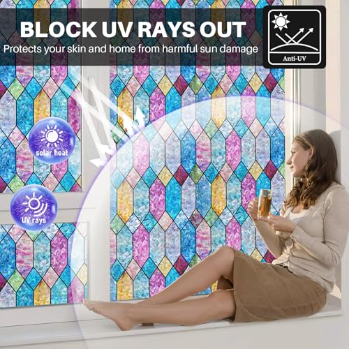 Window Privacy Film, Rainbow Decorative Stained Glass Window Film, Static Cling Lattice Glass Covering, Window Tint Sticker for Home Decor & UV Heat Blocking, 17.3 x 78.7 Inches